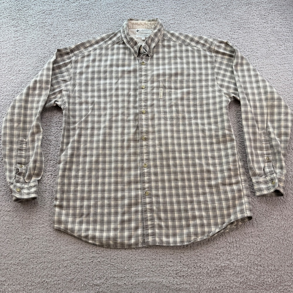 Vintage Columbia Mens XL Plaid Flannel Button Down Shirt Brown Tan Cotton Y2K